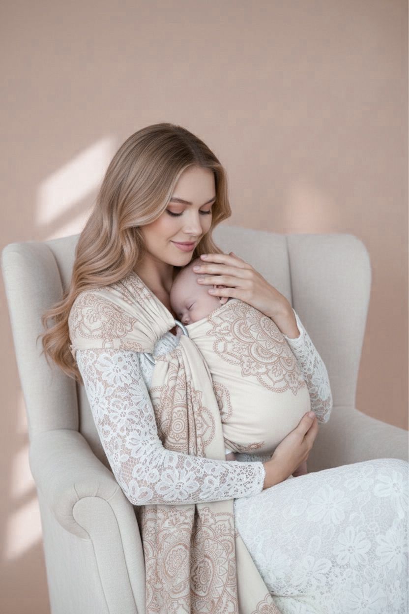 Écharpe de portage anneaux Mandala Café au lait